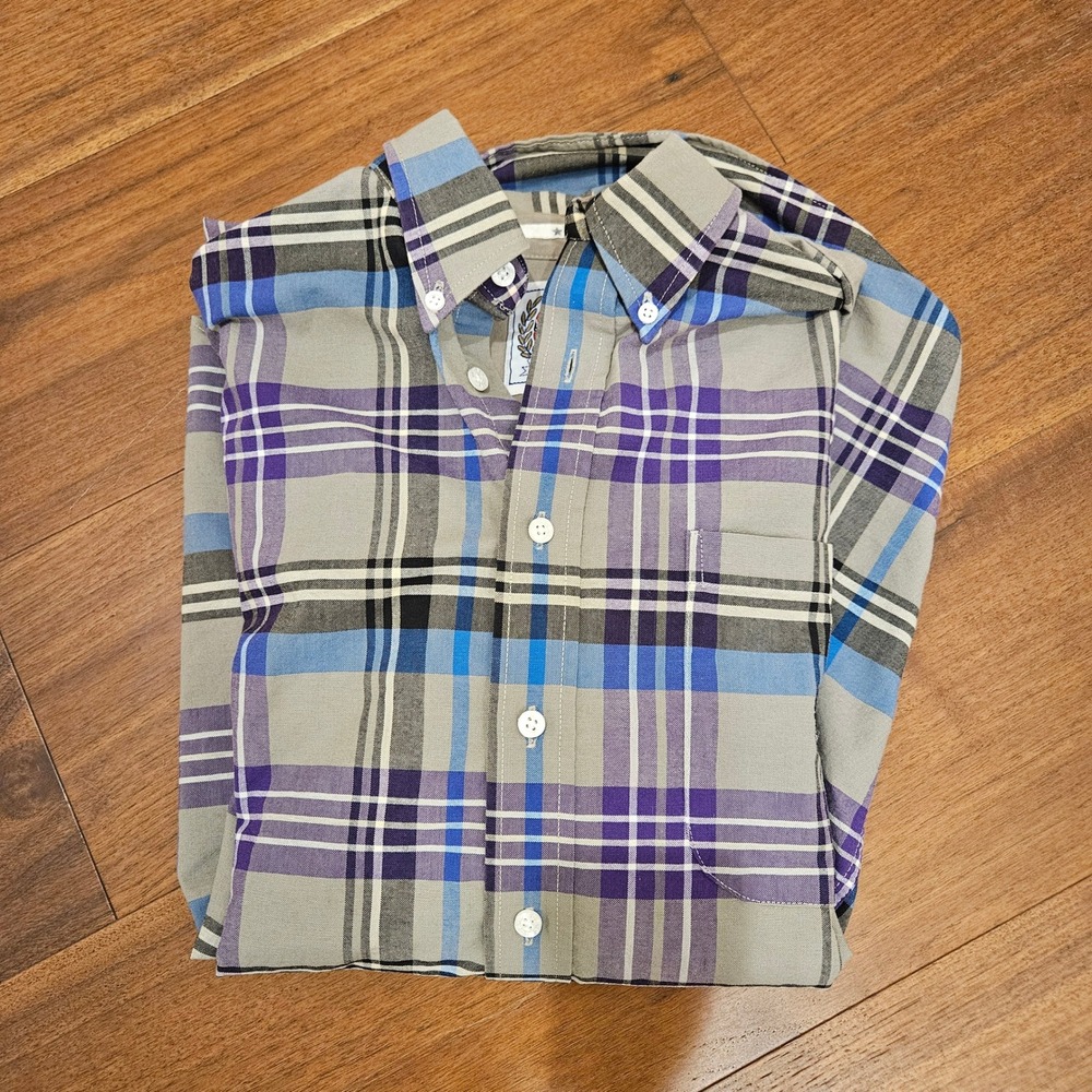 Cinch Mens Plaid Button Down Shirt Purple Blue Tan Cotton Long Sleeve L - Picture 9 of 9